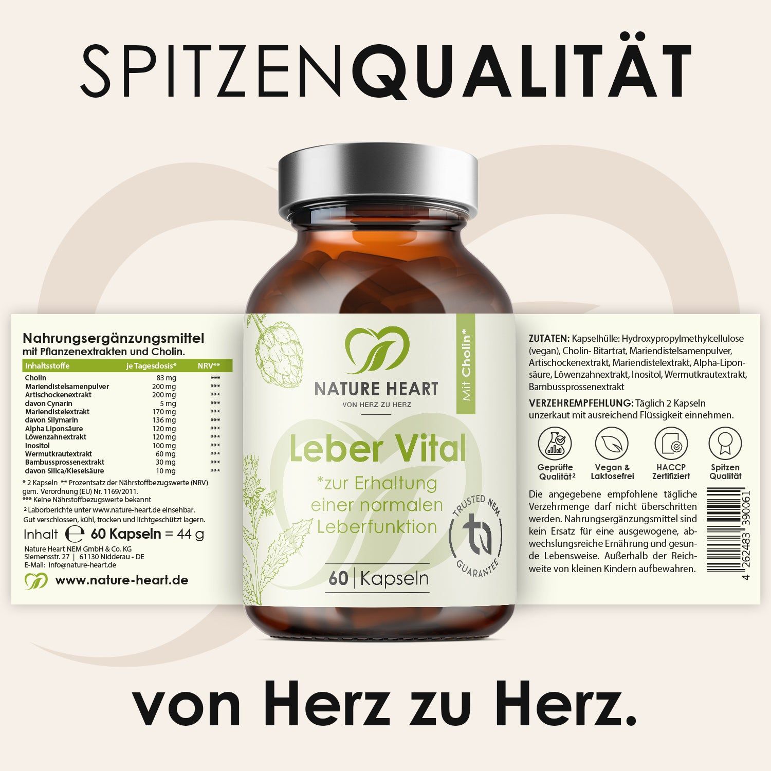 Nature Heart Leber Vital: Braunglasflasche mit 60 Kapseln, Nährwertangaben und Inhaltsstoffen auf dem Etikett.