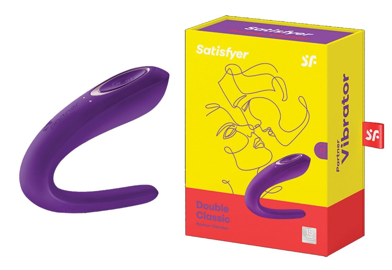 Lila Partner Vibrator und gelbe Verpackung. Verpackung mit Produktabbildung und Schriftzug "Satisfyer".