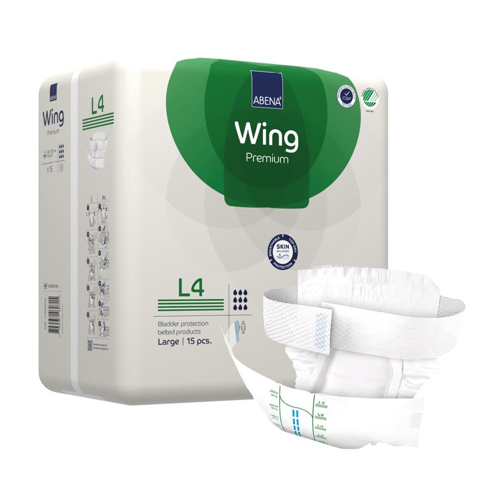 Verpackung mit ABENA Wing L4. Auf der Verpackung steht "Wing Premium" und "L4". Ein Produkt ist teilweise ausgepackt.