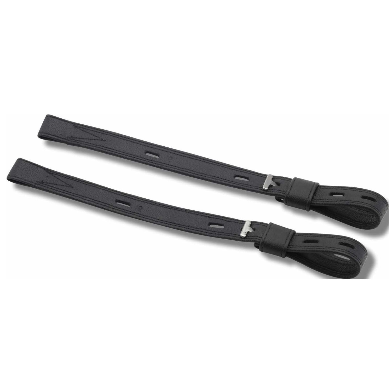 Zwei Steigbügelriemen. Schwarzes Leder mit Löchern und Schnallen. Metallteile zur Befestigung.