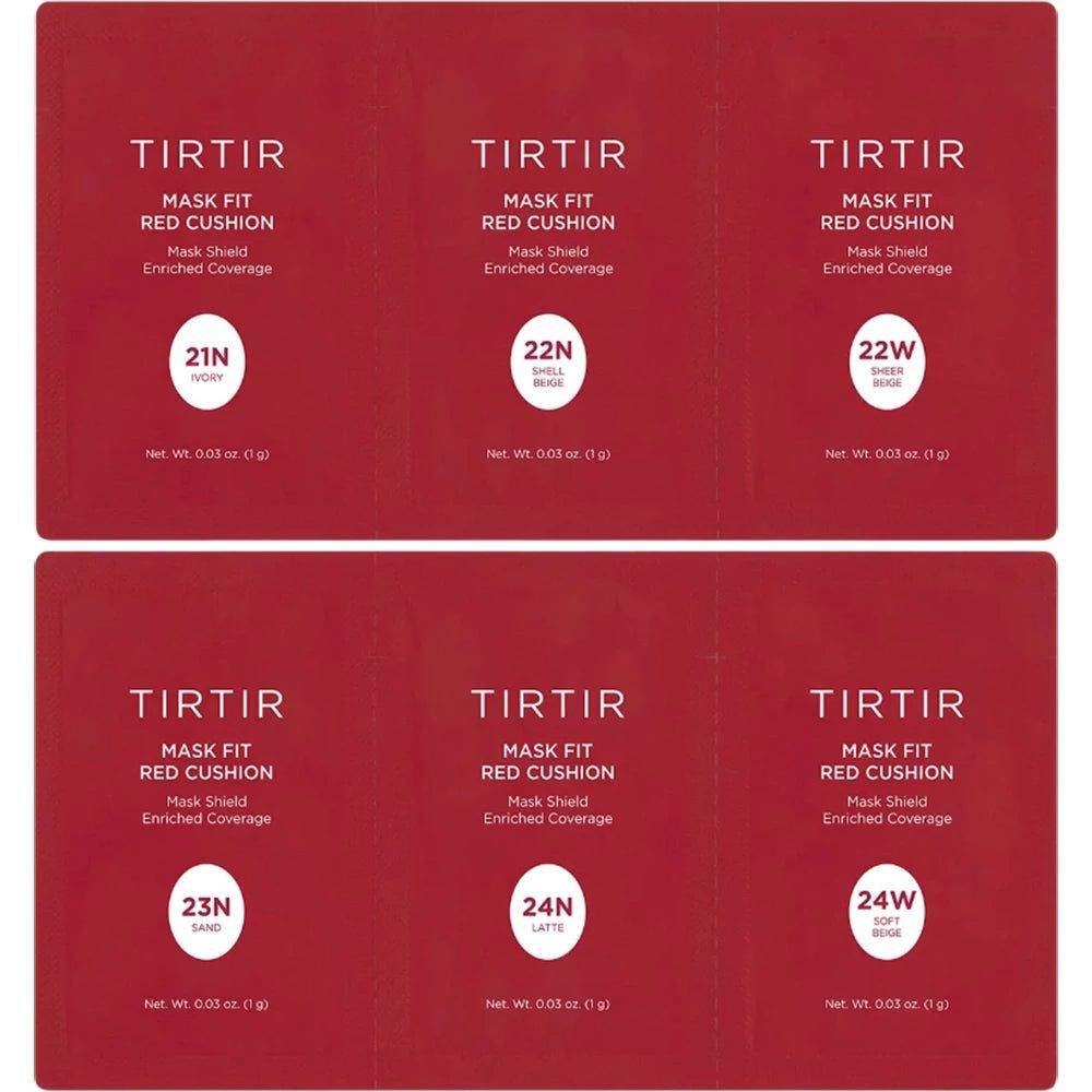 Sechs rote Verpackungen mit Produktnamen und Farbvarianten: 21N, 22N, 22W, 23N, 24N, 24W. Text: Mask Fit Red Cushion.