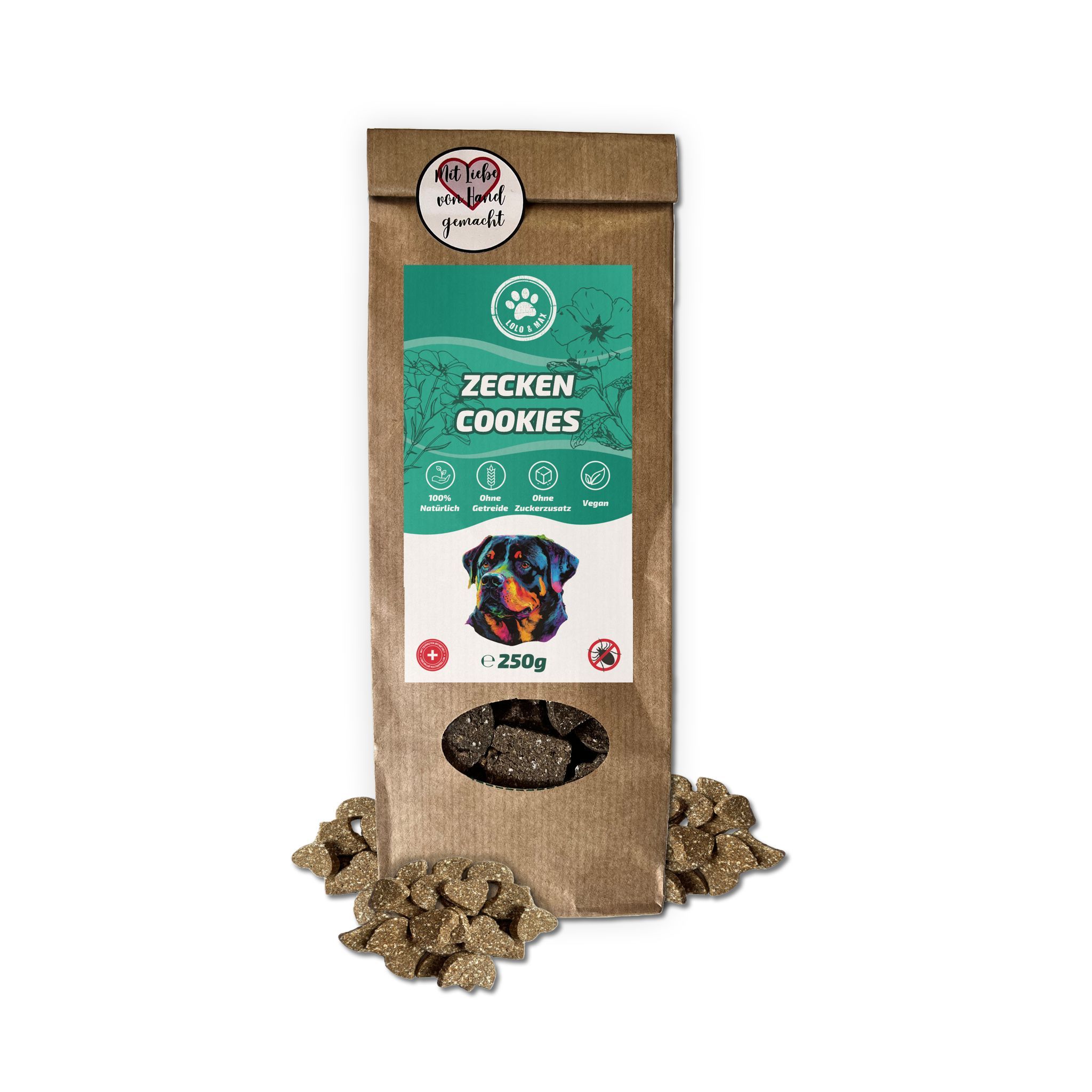Tüte Lolo & Max Zecken Cookies mit Keksen davor. Auf der Tüte ist ein Hund abgebildet. Text: Zecken Cookies.