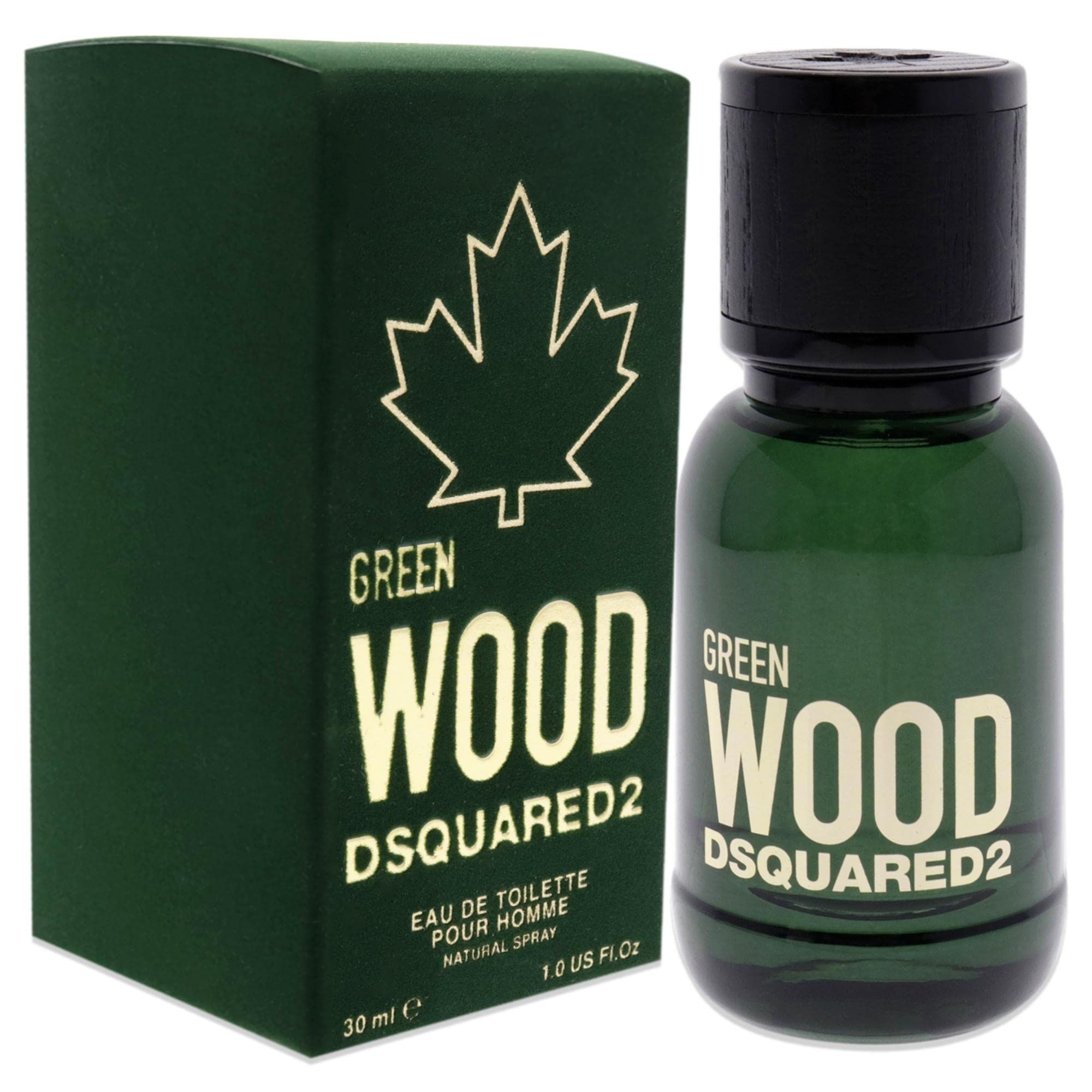 Grünes Parfümflakon und Schachtel. Aufschrift: GREEN WOOD DSQUARED2. 30 ml, 1.0 US FL.OZ.