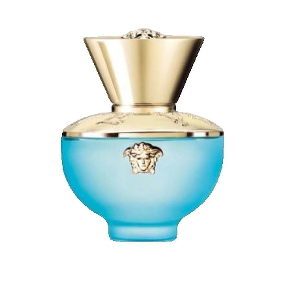 Hellblaues Parfumflakon mit goldfarbenem Verschluss. Medusa-Logo auf der Vorderseite. Rundliche Form.