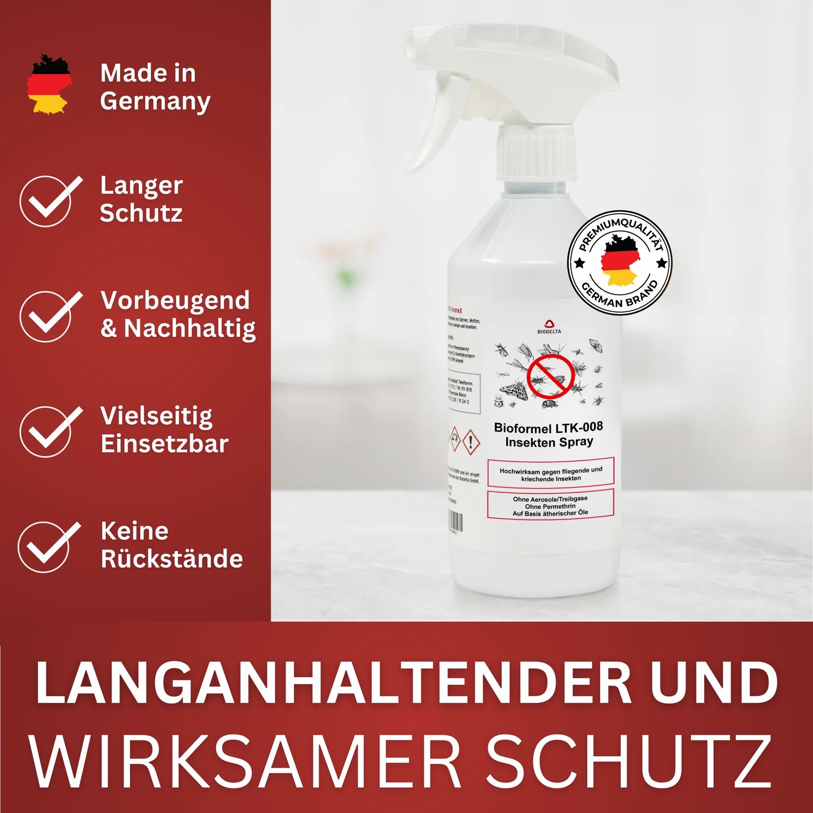 Weißes Sprayflasche mit Sprühkopf. Aufschrift: Bioformel LTK-008 Insekten Spray. Mit deutschem Qualitätszeichen.