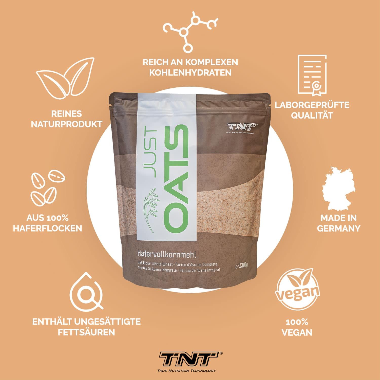 Produktverpackung "JUST OATS" mit Logos: vegan, Laborgeprüfte Qualität, Made in Germany, etc. Marke: TNT.