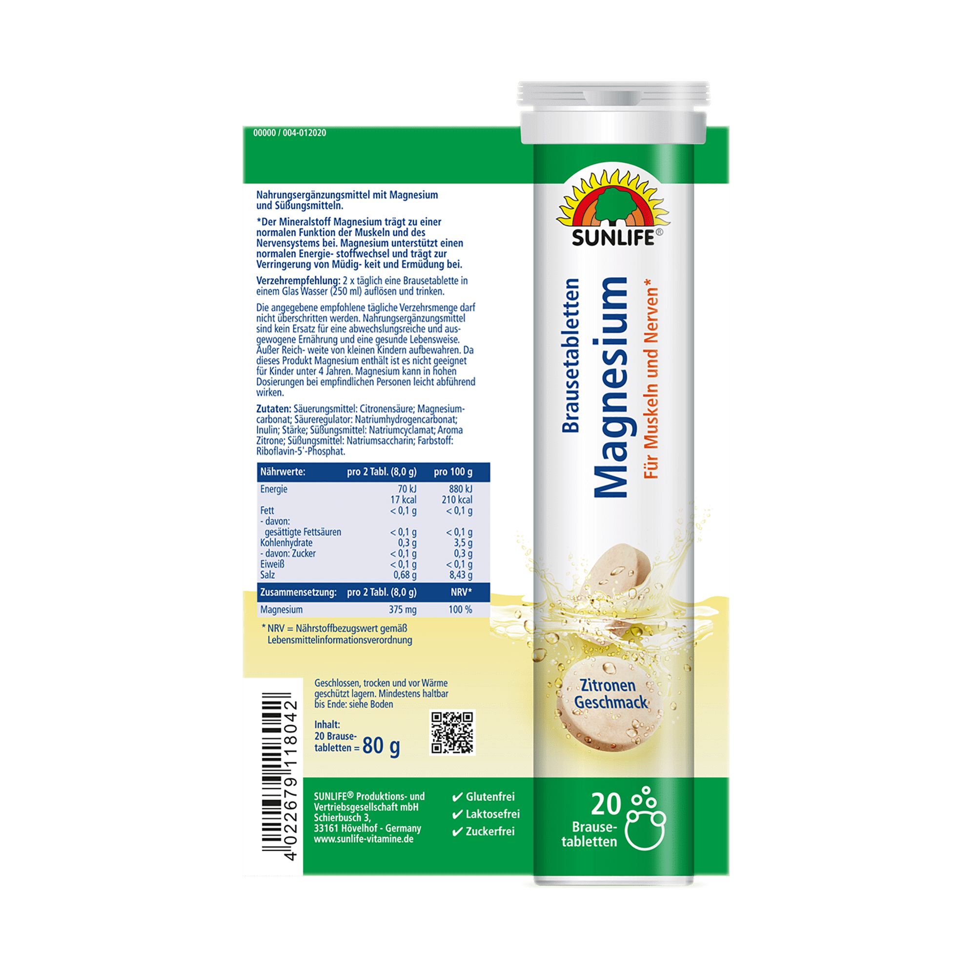 Tube Sunlife Magnesium Brausetabletten mit Rückseite. Aufschriften: Nährwertangaben, Inhaltsstoffe, 20 Brausetabletten, 80 g, Glutenfrei, Laktosefrei, Zuckerfrei.