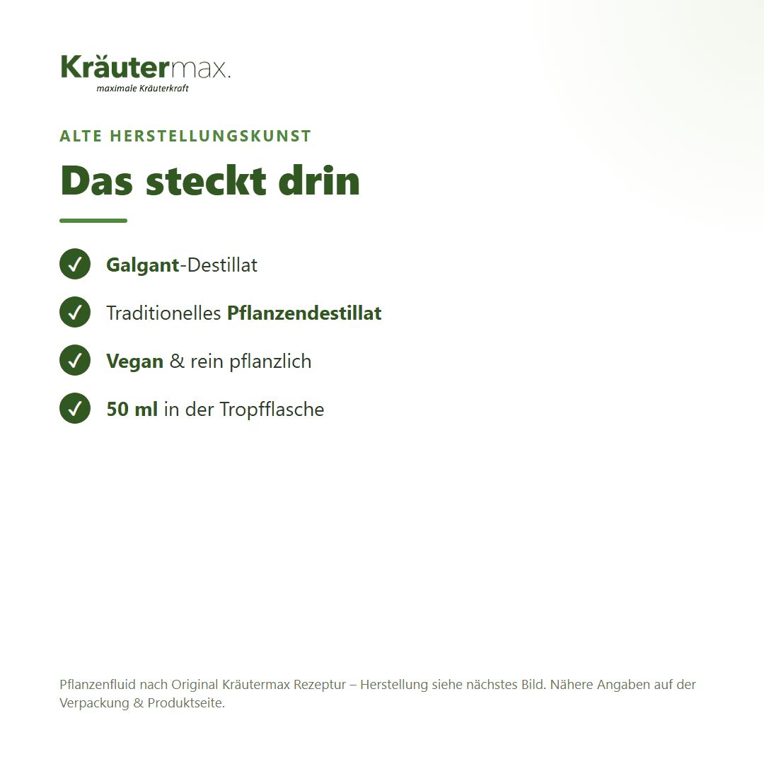Informationen zu Kräutermax Galgant Fluid: Galgant-Destillat, traditionell, vegan, 50 ml Tropfflasche.