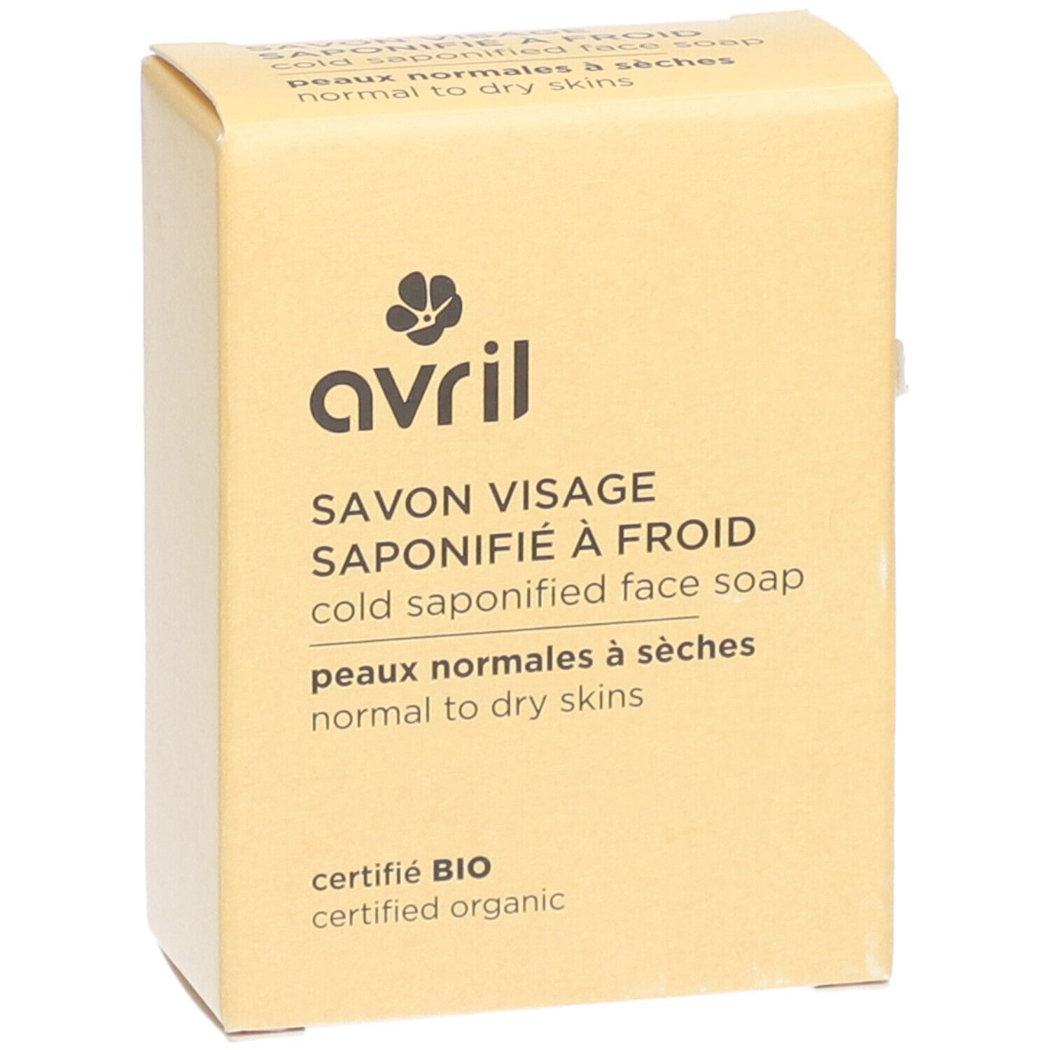 Vorderseite einer beige Kartonverpackung. Aufschrift: avril, Savon Visage, Saponifié à Froid, Cold Saponified Face Soap, Peaux normales à sèches, Certifié Bio.