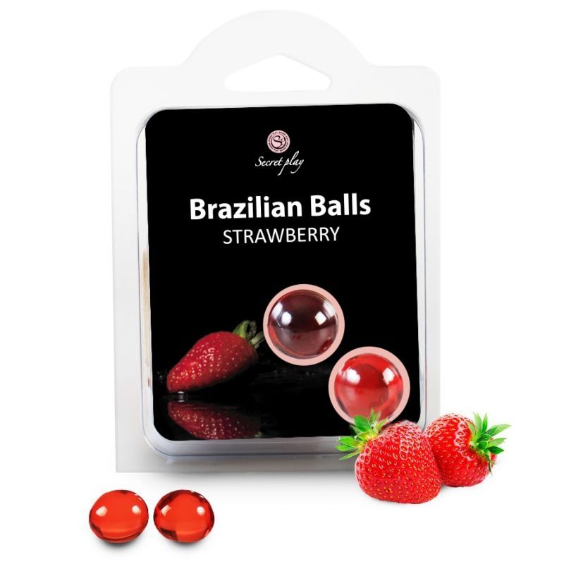 Verpackung mit zwei transparenten Kugeln und Erdbeeren. Aufschrift: Brazilian Balls Strawberry. Marke: Secretplay.