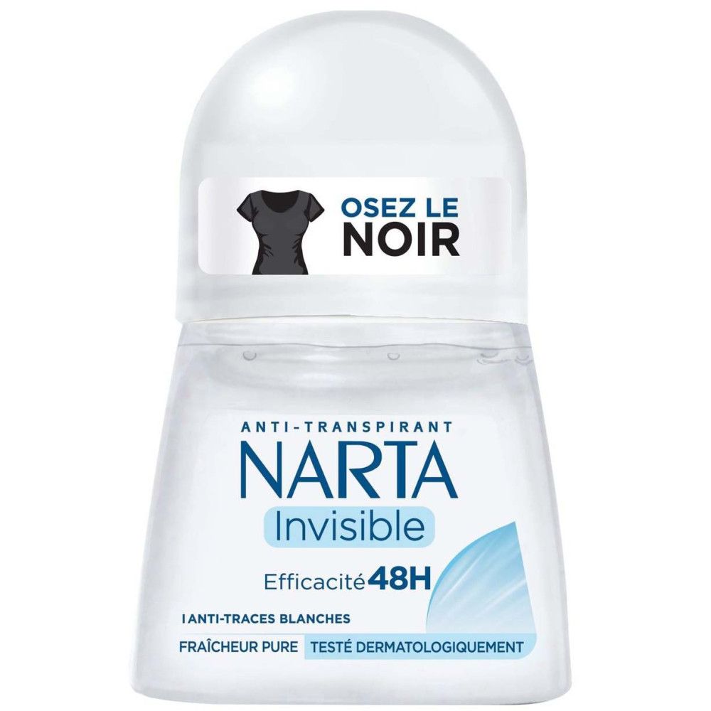 Deo-Roller Narta Invisible. Weißer Behälter mit blauem Akzent. Text: Anti-Transpirant, 48H, Pure Frische. Aufkleber: Osez le Noir.