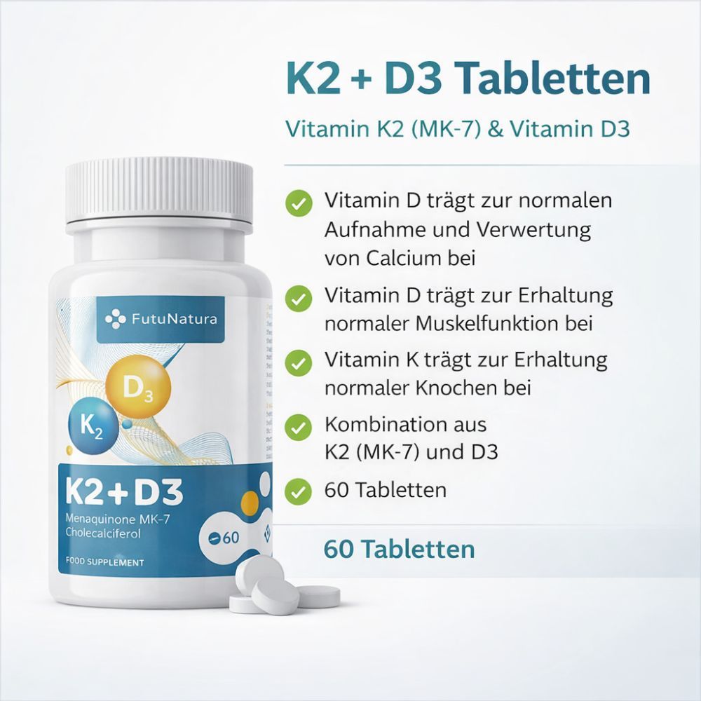 FutuNatura K2 + D3 Flasche und Tabletten. Text: K2 + D3 Tabletten, Vitamin K2 & D3. 60 Tabletten. Blaue und gelbe Grafik. Weiße Tabletten daneben.