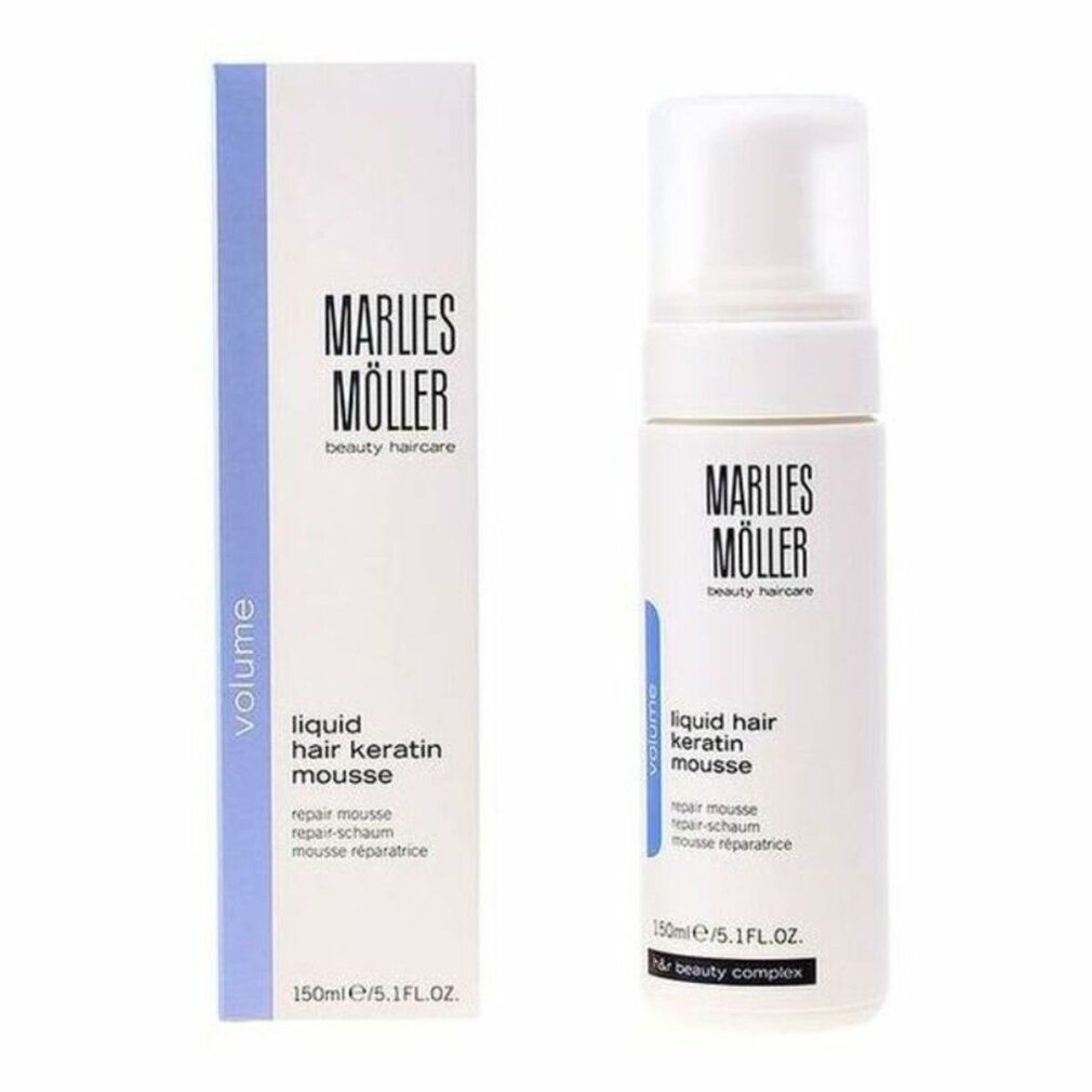 Marlies Möller Liquid Hair Repair Keratin Mousse Flasche und Verpackung. Weiß, blaue Akzente. 150ml/5.1FL.OZ.