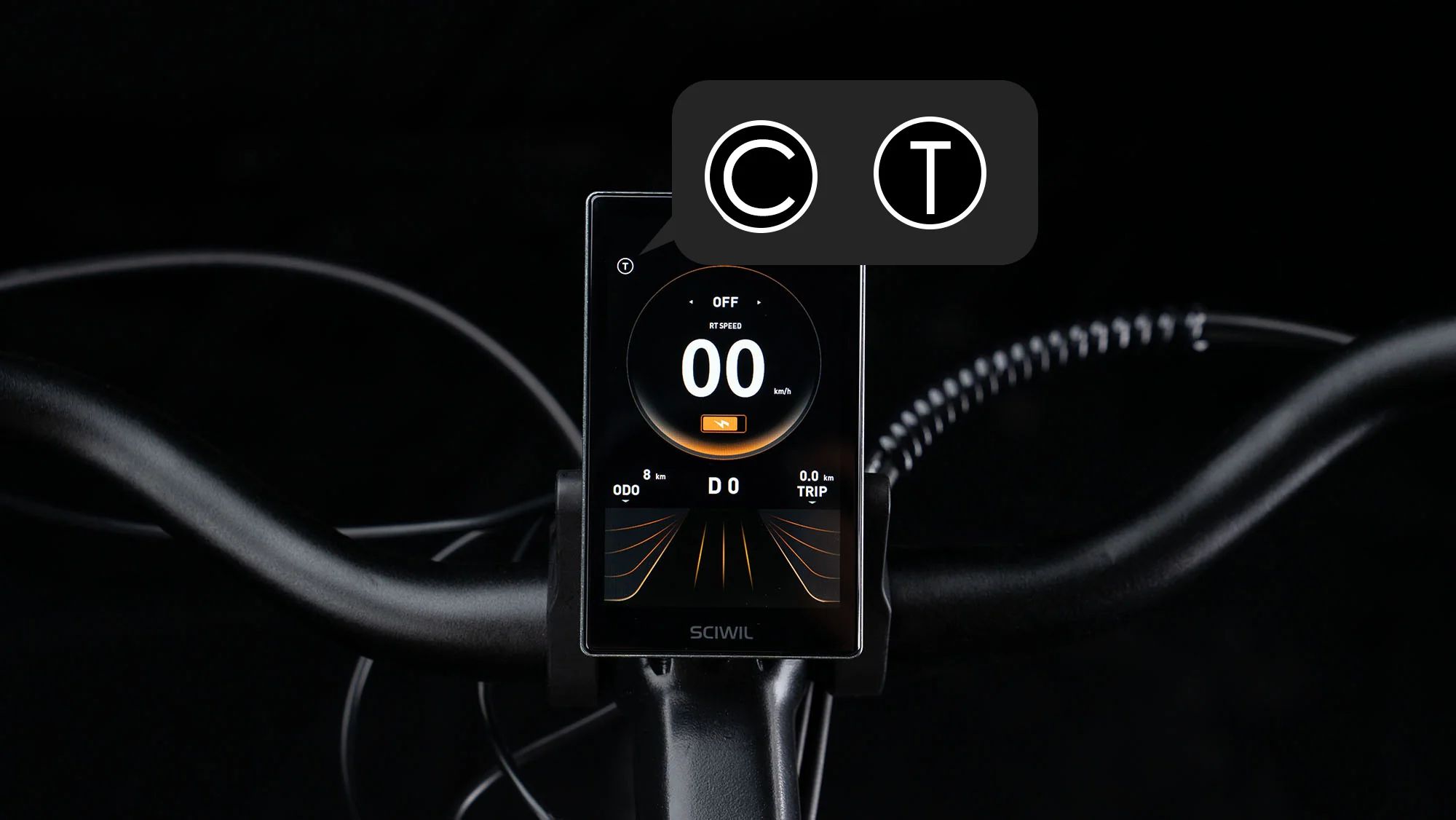 Fahrradcomputer mit Display. Zeigt Geschwindigkeit, Distanz und weitere Informationen an. Mit Symbolen C und T.