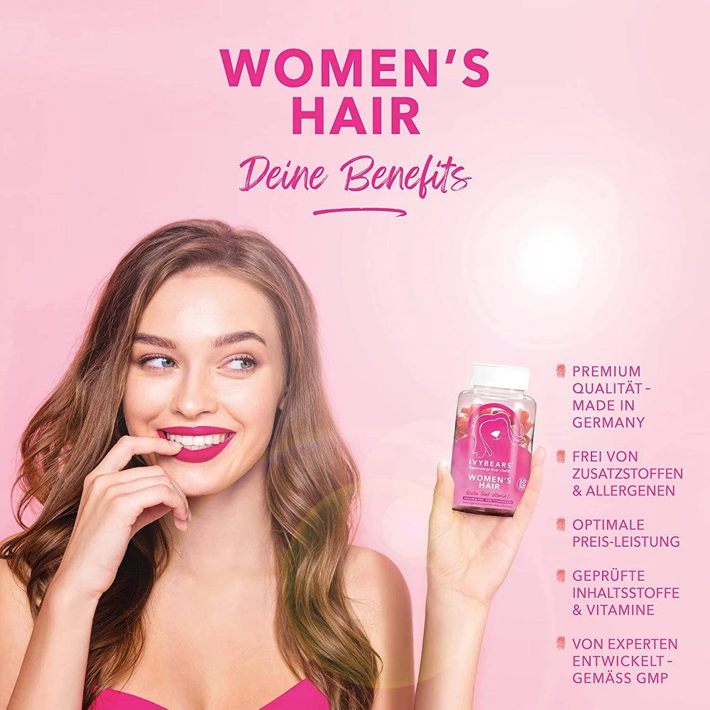 Frau hält eine Flasche IvyBears Women's Hair Vitamins. Text: Women's Hair, Deine Benefits. Premium Qualität, Made in Germany.