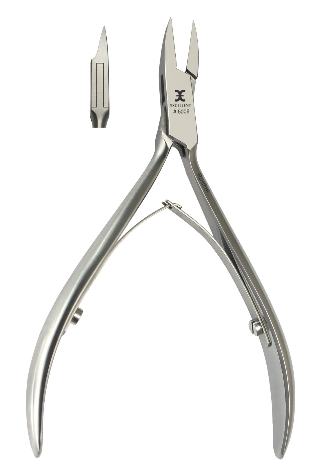 Nagelzange aus Metall. Marke Excellent, Modell Schneide turmspitz. Mit separater Spitze. Silberfarben.