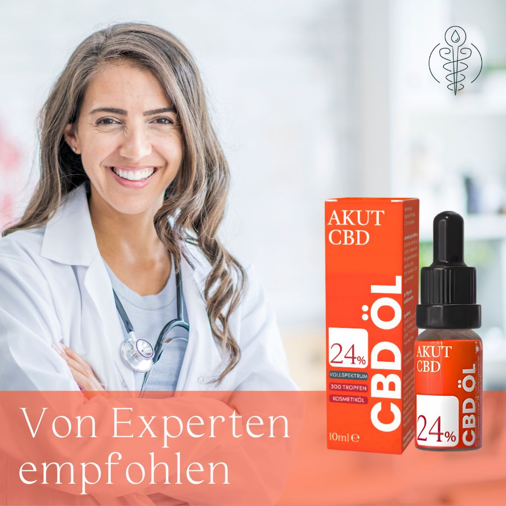 Ärztin mit Stethoskop. Neben ihr: AKUT CBD CBD-Öl Flasche und Verpackung. Auf der Verpackung: 24% CBD-Öl.