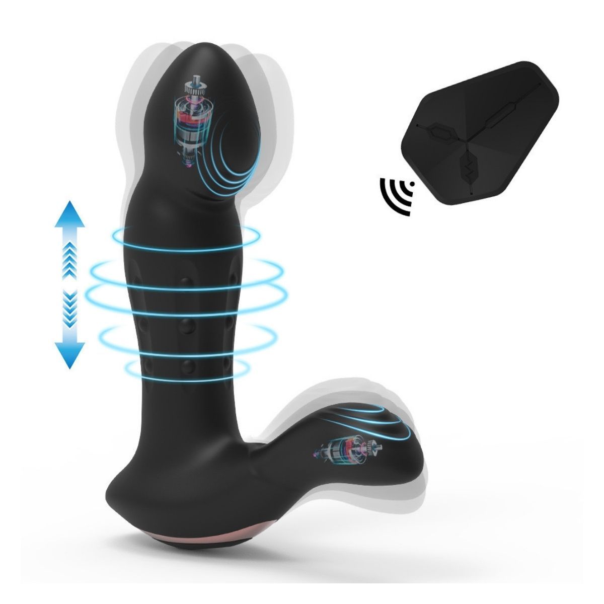 Schwarzes, L-förmiges Wellness-Produkt mit rosa Basis. Mit Fernbedienung. Blaue Pfeile und Kreise zeigen Funktionen.