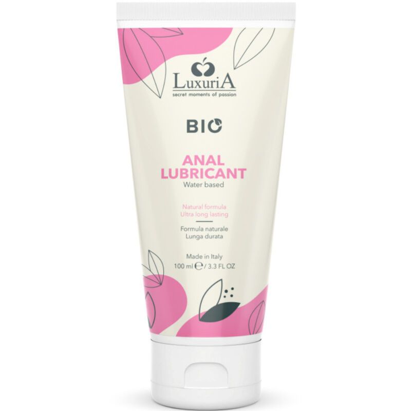 Tube mit Produktbezeichnung: BIO Anal Lubricant. Rosa und weiße Verpackung mit floralen Elementen. Text in Englisch und Italienisch.