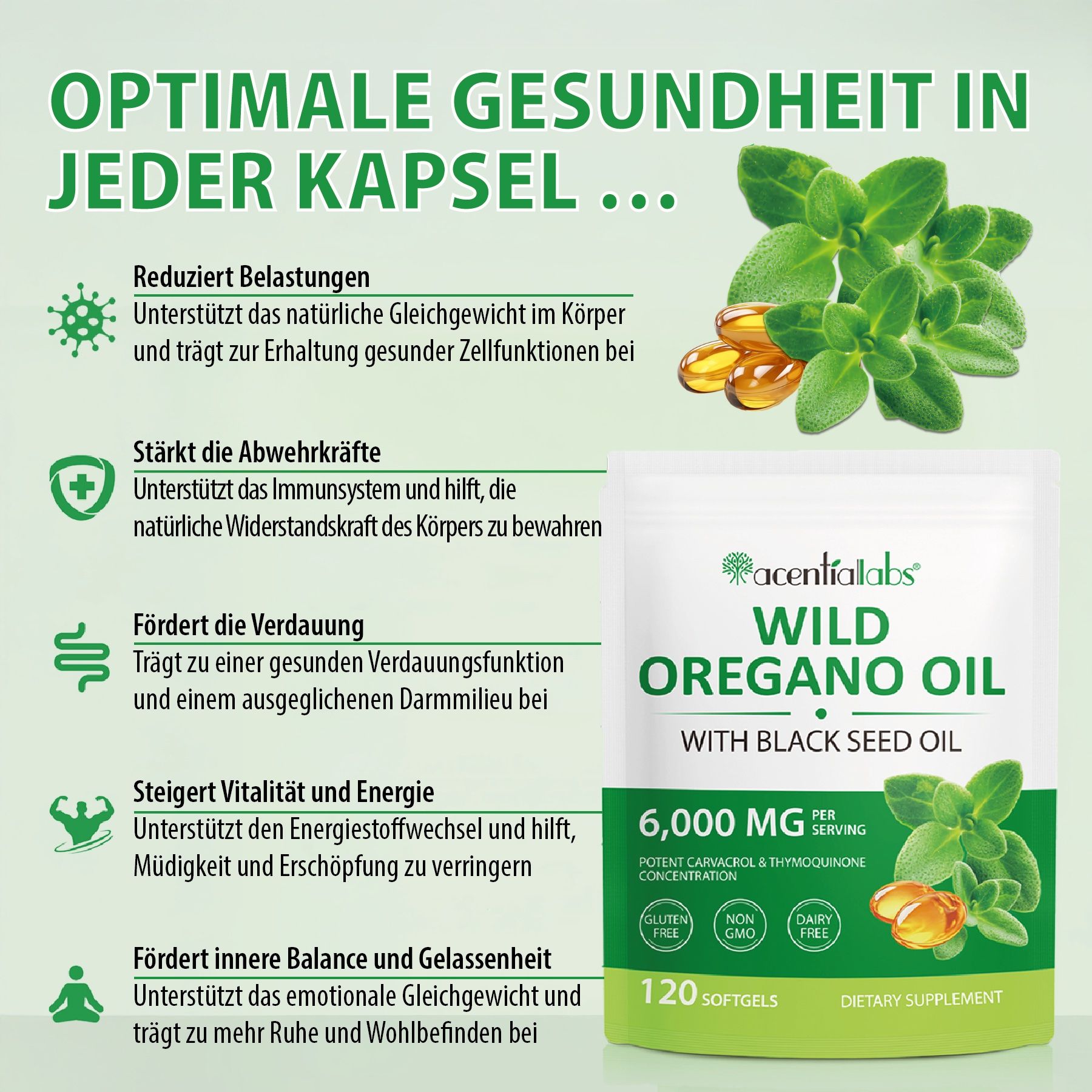 Weißes Beutel mit Softgels. Text: Aliver, Wild Oregano Oil, 6.000 mg, 120 Softgels. Glutenfrei, Non-GMO, Dairy Free.