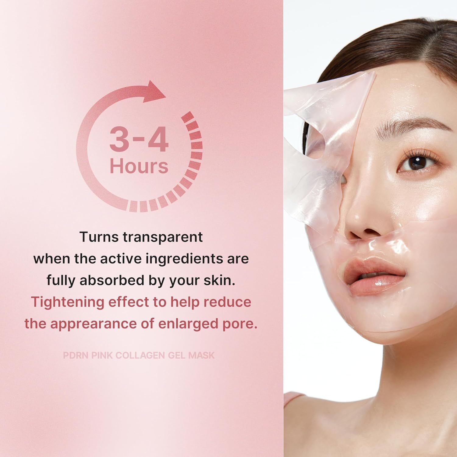 Frau mit Medicube PDRN Pink Collagen Gel Mask auf dem Gesicht, die transparent wird.