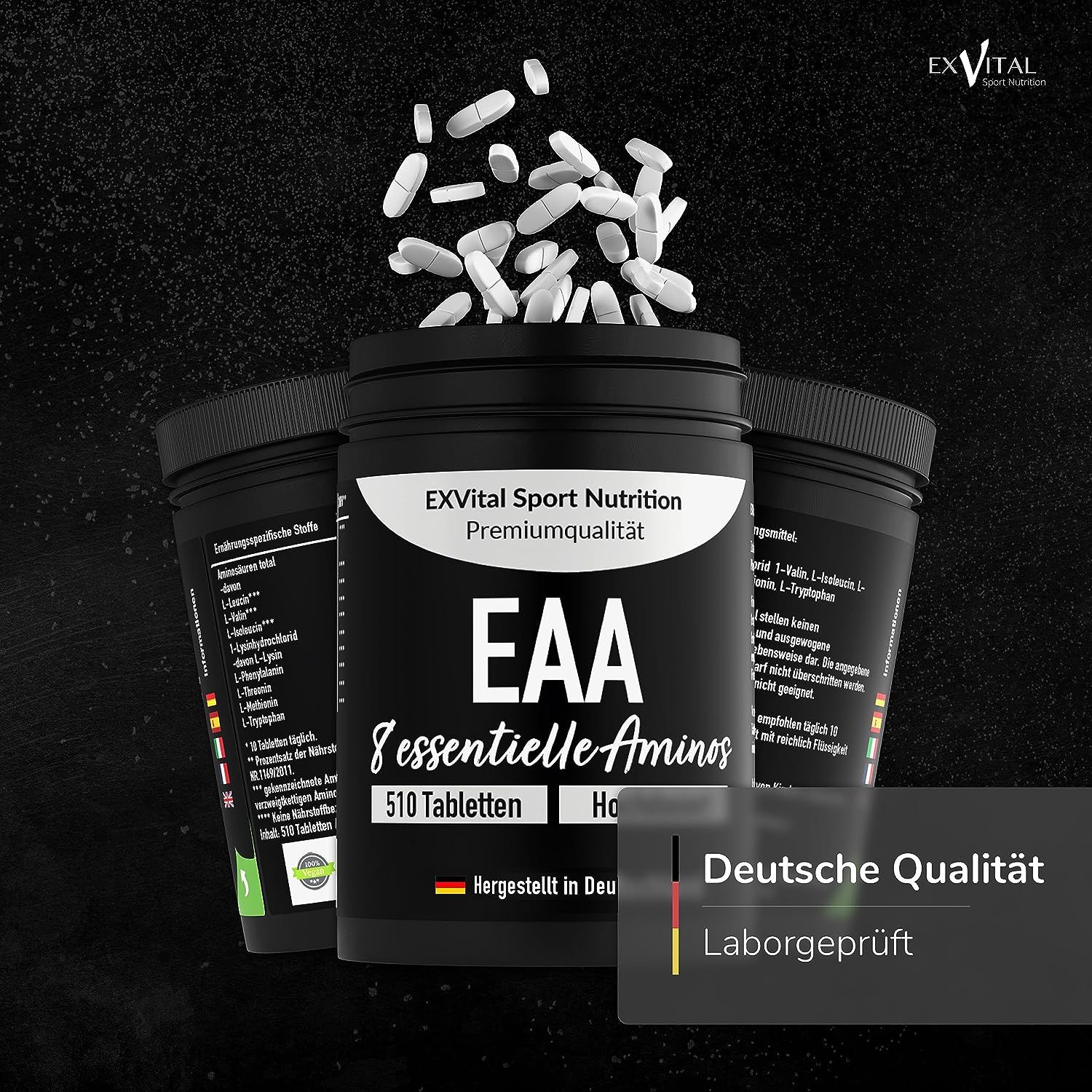 Drei schwarze Behälter mit EXVital EAA 8 essentiellen Aminosäuren, 510 veganen Tabletten. Deutsche Qualität, laborgeprüft.