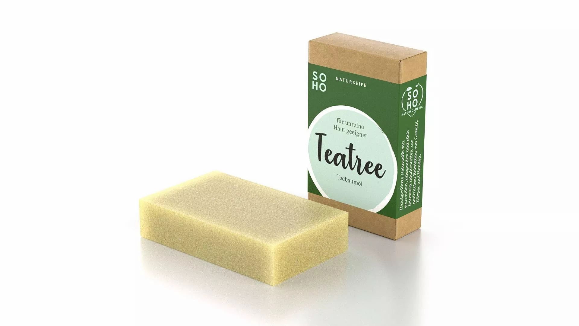 Rechteckige Seife neben einer braunen Verpackung mit grünem Etikett. Auf dem Etikett steht 'Teatree'.