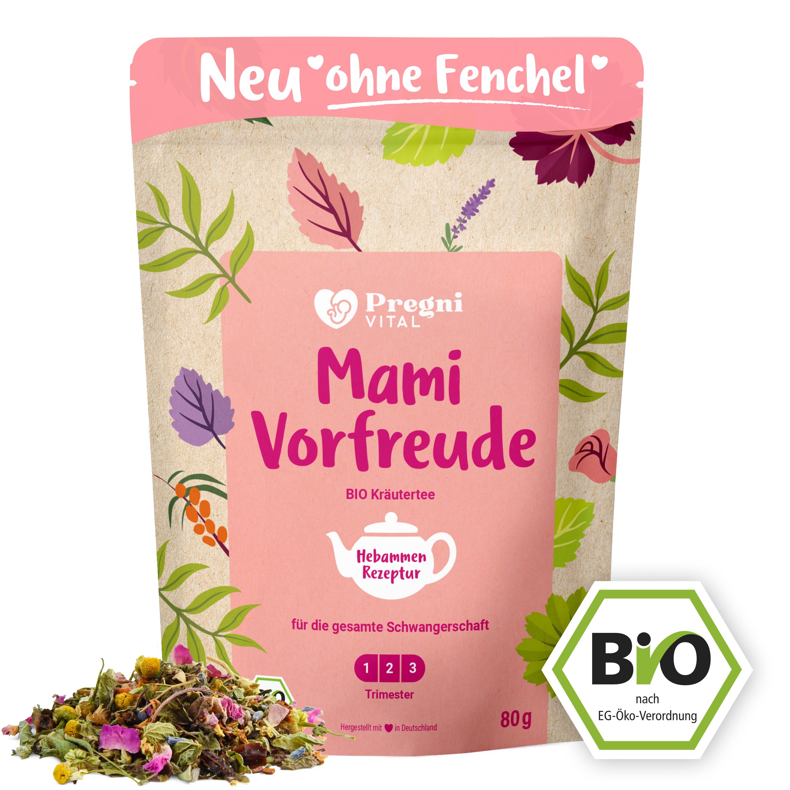 BIO Schwangerschaftstee Mami Vorfreude in einer rosa Packung mit Kräutern und Beeren.