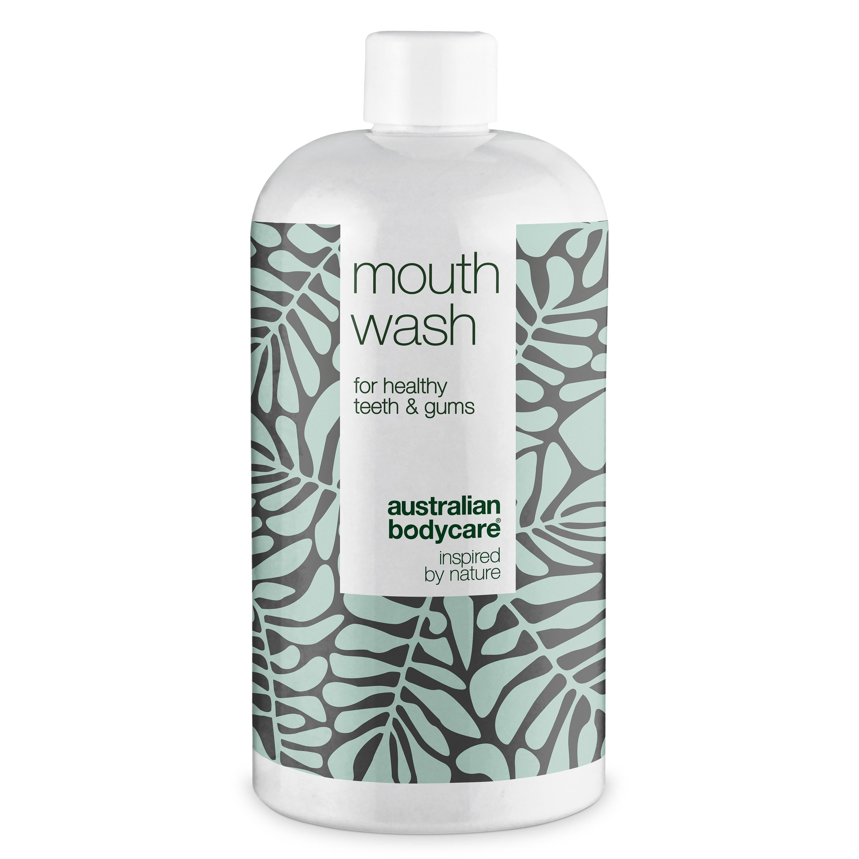 Mundspülung-Flasche mit weißem Deckel. Aufschrift: Mouth Wash, für gesunde Zähne & Zahnfleisch. Australian Bodycare.