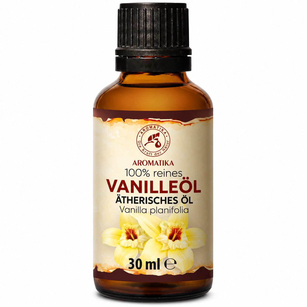Braune Glasflasche mit 30 ml 100% reinem Vanilleöl Ätherisches Öl.
