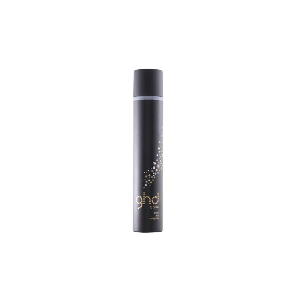 Schwarze Haarspray-Dose mit goldfarbenem "ghd" Logo und "style final fix hairspray".