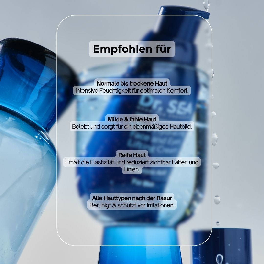 Blaue Creme-Tube in Wasser. Text: Empfohlen für: normale bis trockene Haut, müde & fahle Haut, reife Haut, alle Hauttypen nach der Rasur.