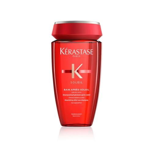 Rote Shampoo-Flasche mit weißer Schrift. Produktname: Kérastase Soleil Bain Après-Soleil Eau de Coco.
