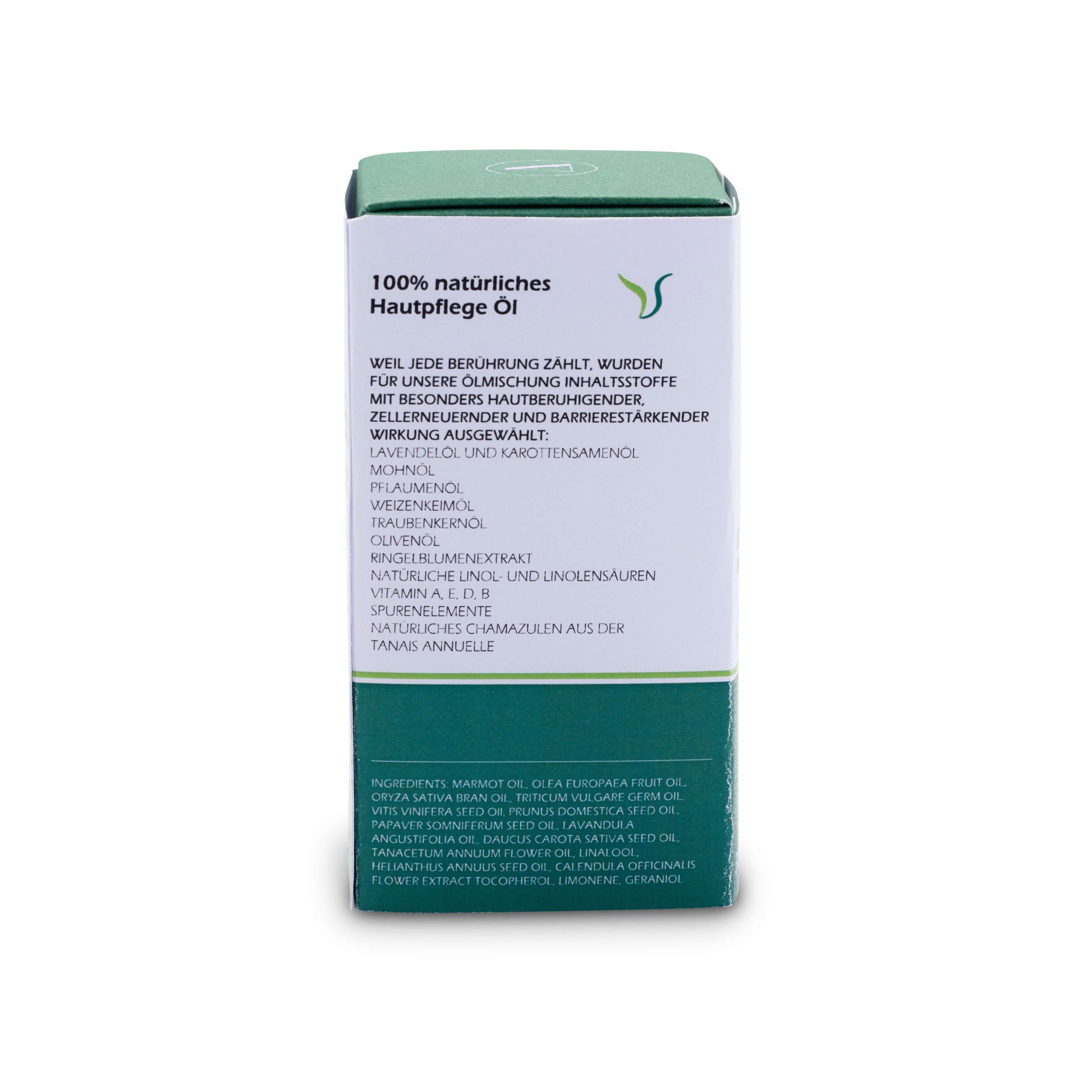 Rückseite der Verpackung. Text über Inhaltsstoffe und Eigenschaften. Marke: vitalsee. 100% natürliches Hautpflege Öl.