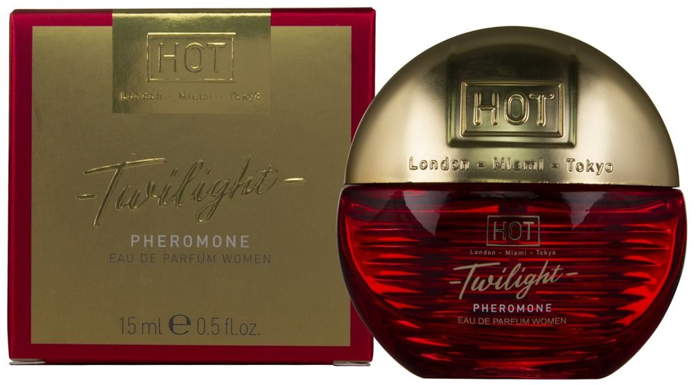 Goldfarbene Parfumverpackung mit rotem Rahmen. Aufschrift: HOT, Twilight Pheromone, Eau de Parfum Women. 15ml.