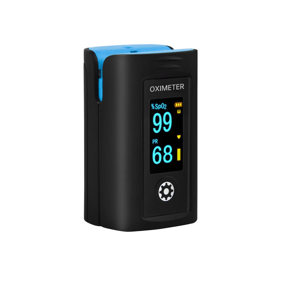 Schwarzes Pulsoximeter mit blauem Akzent. Digitalanzeige mit SpO2- und PR-Werten. Zahnradsymbol unten.