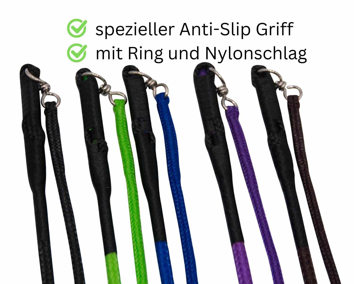 Mehrfarbige Longierpeitschen mit Text: spezieller Anti-Slip Griff, mit Ring und Nylonschlag.