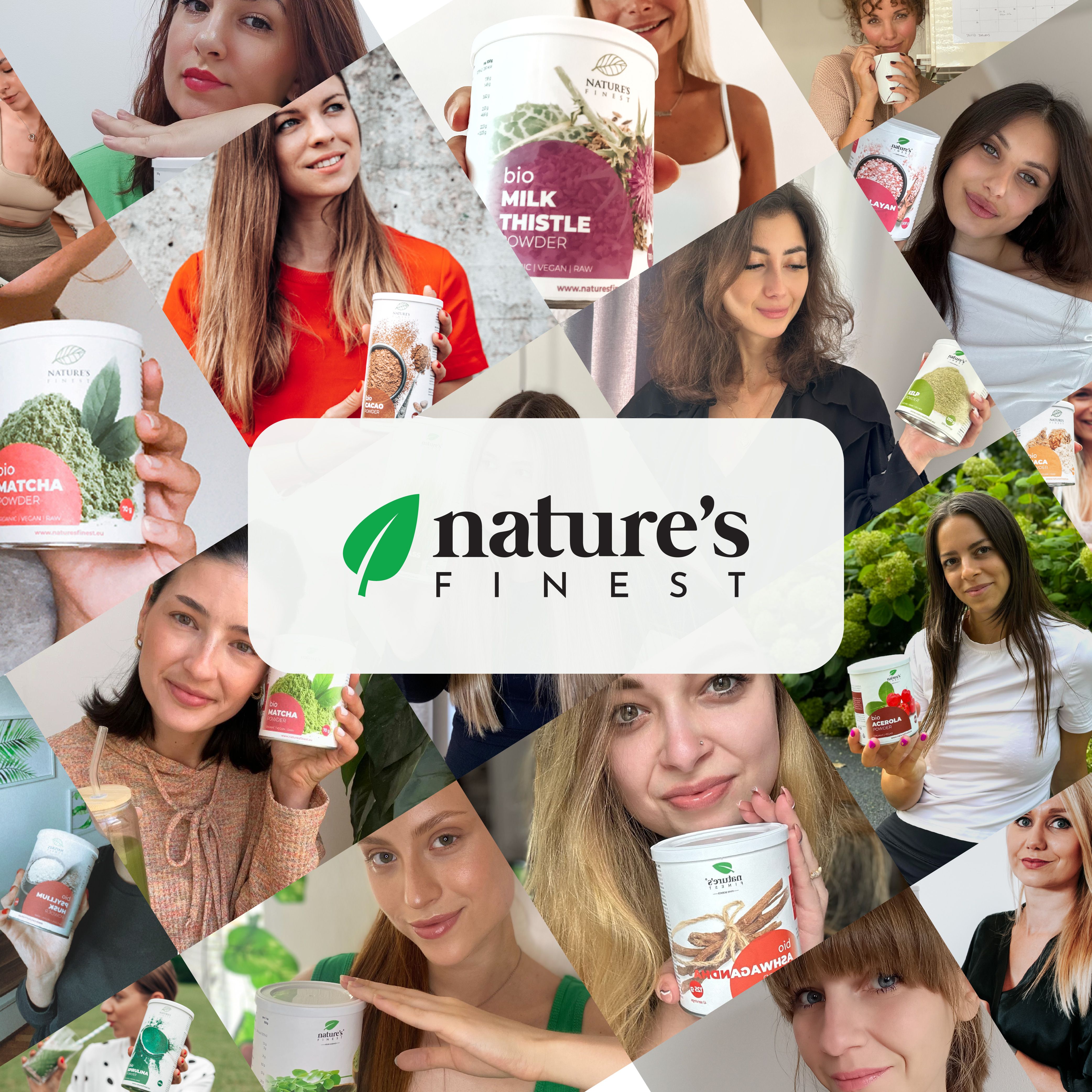 Collage von Frauen, die verschiedene Nature's Finest Produkte halten, mit dem Markenlogo in der Mitte.