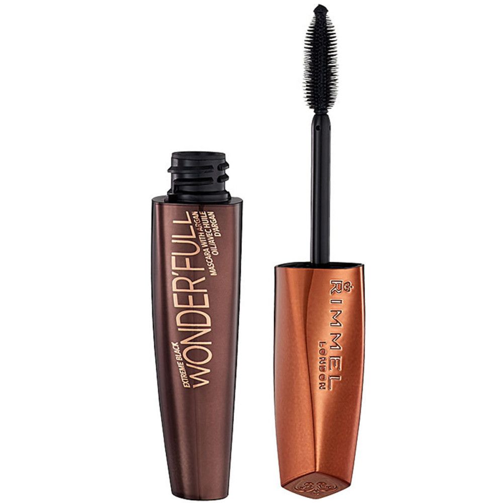 Mascara mit Bürste. Dunkelbraune Hülse, goldfarbener Deckel. Schriftzug: Rimmel Wonder'full Extreme Black.