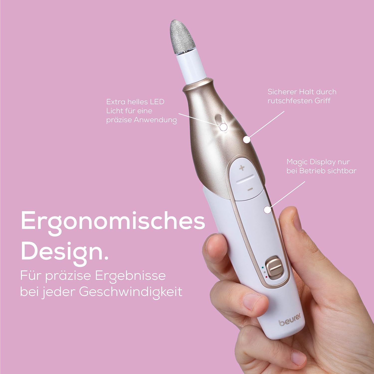 Weiß-goldenes Maniküre-Pediküre-Gerät in Hand. Aufschrift: Ergonomisches Design. Extra helles LED Licht. Sicherer Halt.