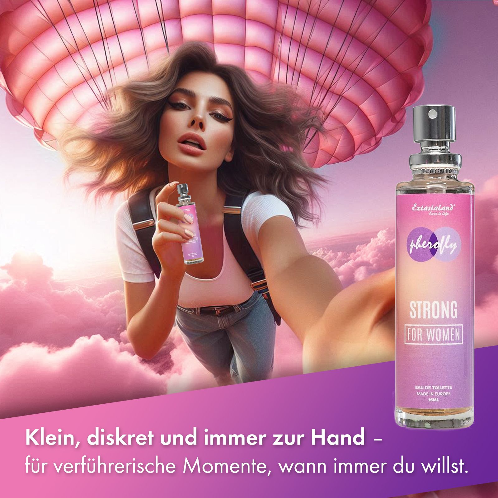 Frau mit Pherofly Strong for Women Flasche. Flasche mit Sprühkopf, Text: Strong for Women. Hintergrund: Wolken und Fallschirm.