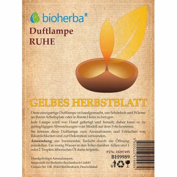 Produktverpackung. Bioherba Duftlampe Gelbes Herbstblatt. Text, Logo, Abbildung einer Flamme und Produktabbildung.