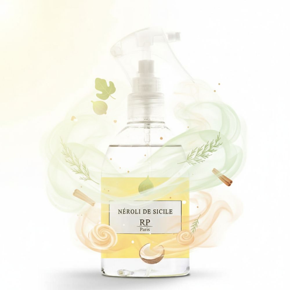 Transparente Sprühflasche mit gelbem Etikett. Aufschrift: Néroli de Sicile, RP Paris. Mit dekorativen Elementen: Blätter, Zimtstange, Kokosnuss und Rauch.