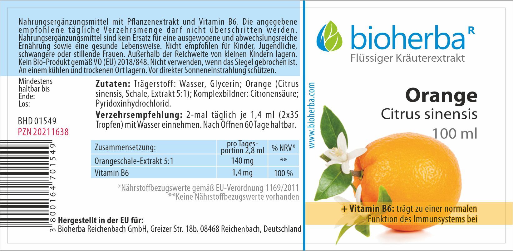 Etikett mit Produktinformationen. Bioherba Orange Citrus sinensis Tropfen Tinktur. Enthält Orange, Vitamin B6. 100 ml.