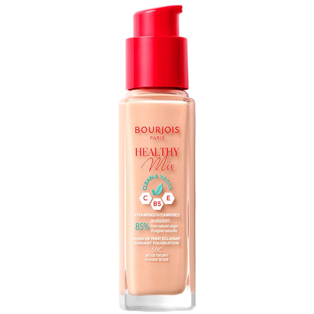 Flakon Bourjois Healthy Mix, Rose Ivory. Roter Pumpdeckel, transparente Flasche. Aufschrift: Healthy Mix, Vitamine, 85% Inhaltsstoffe natürlichen Ursprungs.