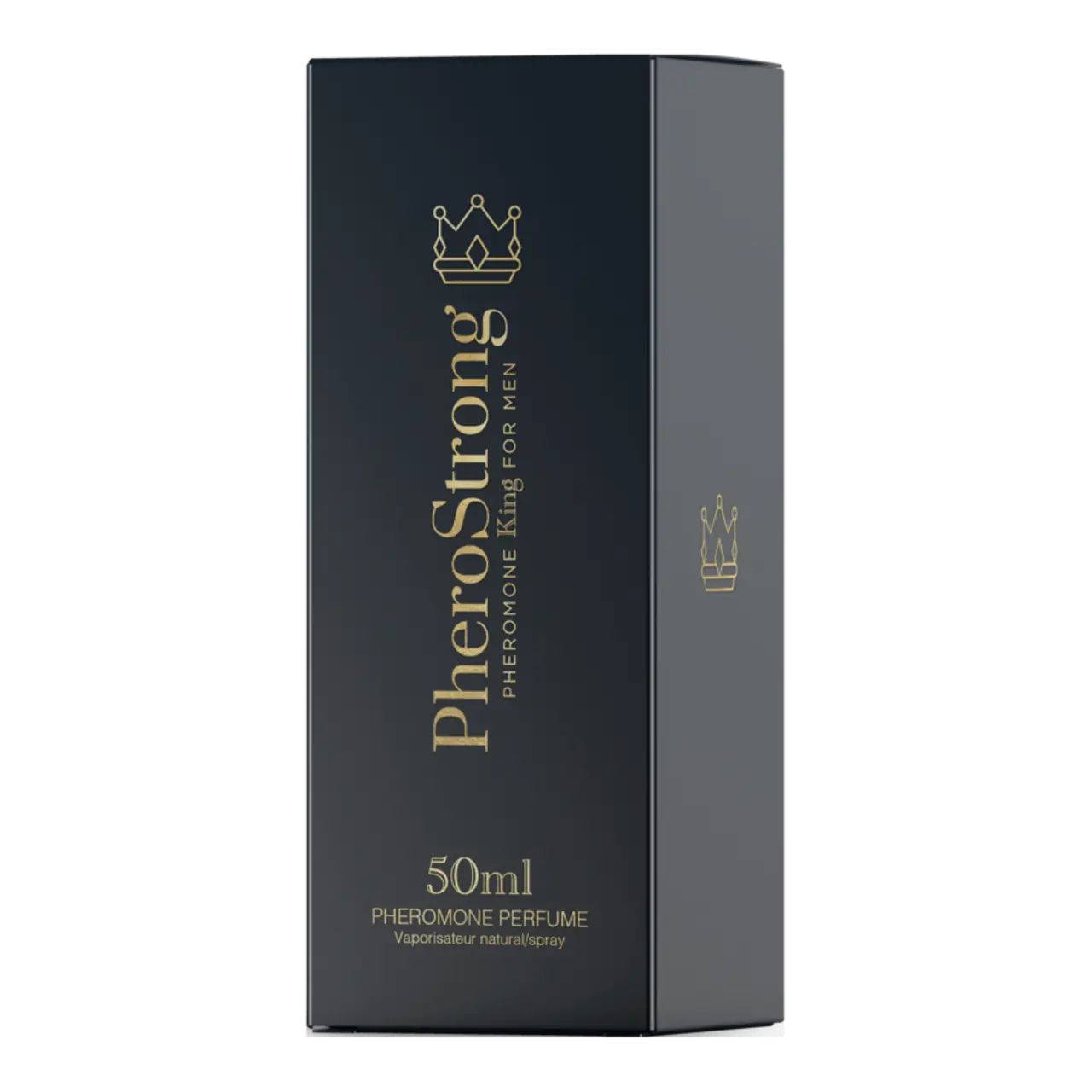 PheroStrong Pheromon Parfüm für Männer, 50ml Schachtel mit goldenem Logo und Schriftzug.