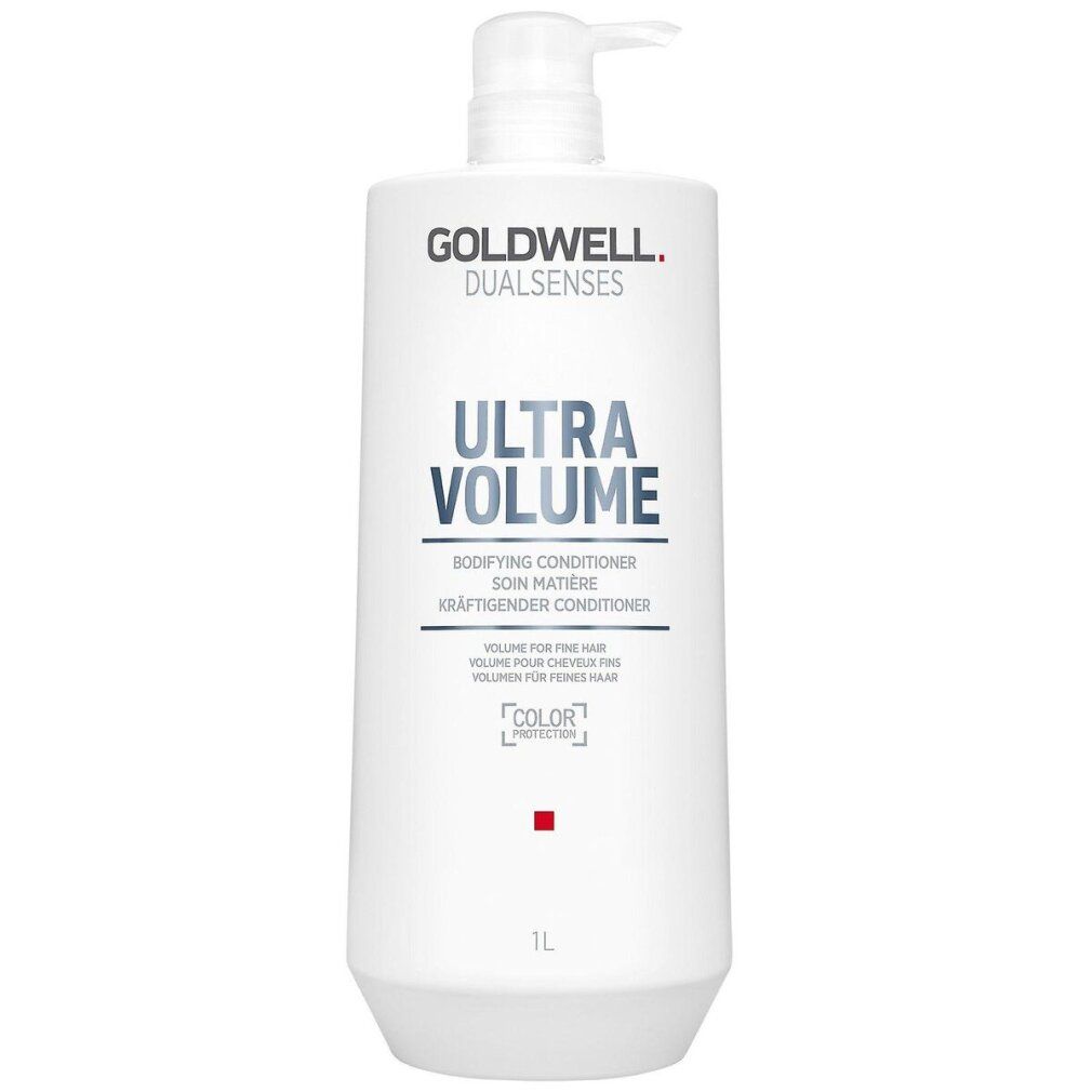 Weiße Flasche mit Pumpe. Aufschrift: GOLDWELL DUALSENSES ULTRA VOLUME. Text in Englisch, Französisch und Deutsch. 1L.