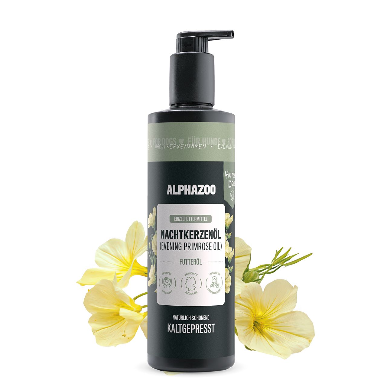 Schwarze Pumpflasche mit weißem Etikett. Aufschrift: ALPHAZOO, Nachtkerzenöl (Evening Primrose Oil), Futteröl. Kaltgepresst. Gelbe Blüten und Blätter.