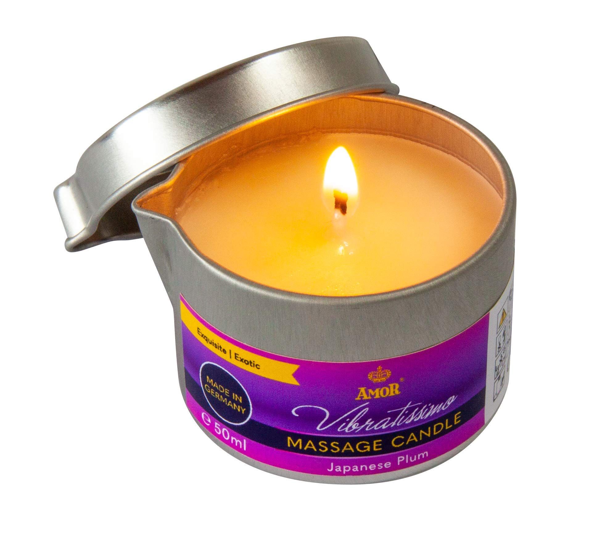 Brennende Massagekerze in Metalldose, Duft Japanese Plum.