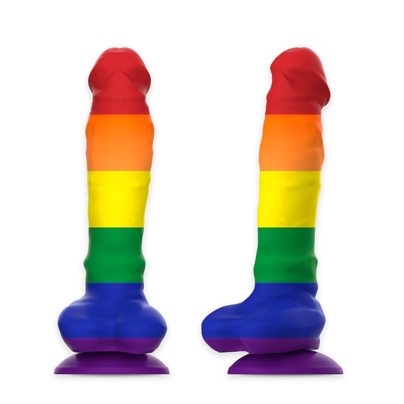 Zwei regenbogenfarbene Dildos mit Saugnäpfen.